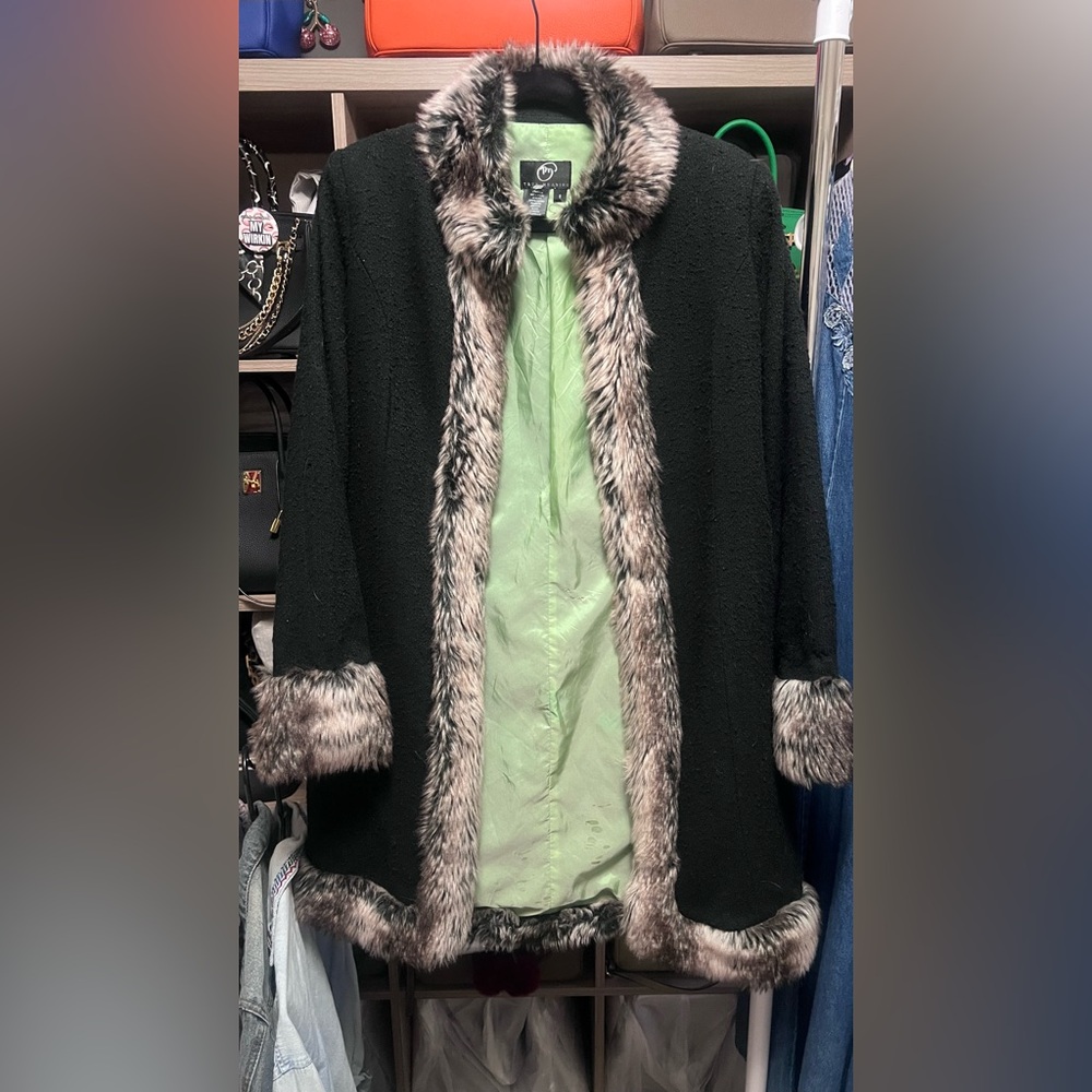 True Meaning BOHO Tweed Pea Coat w/ lime green lining & Faux Fur accents